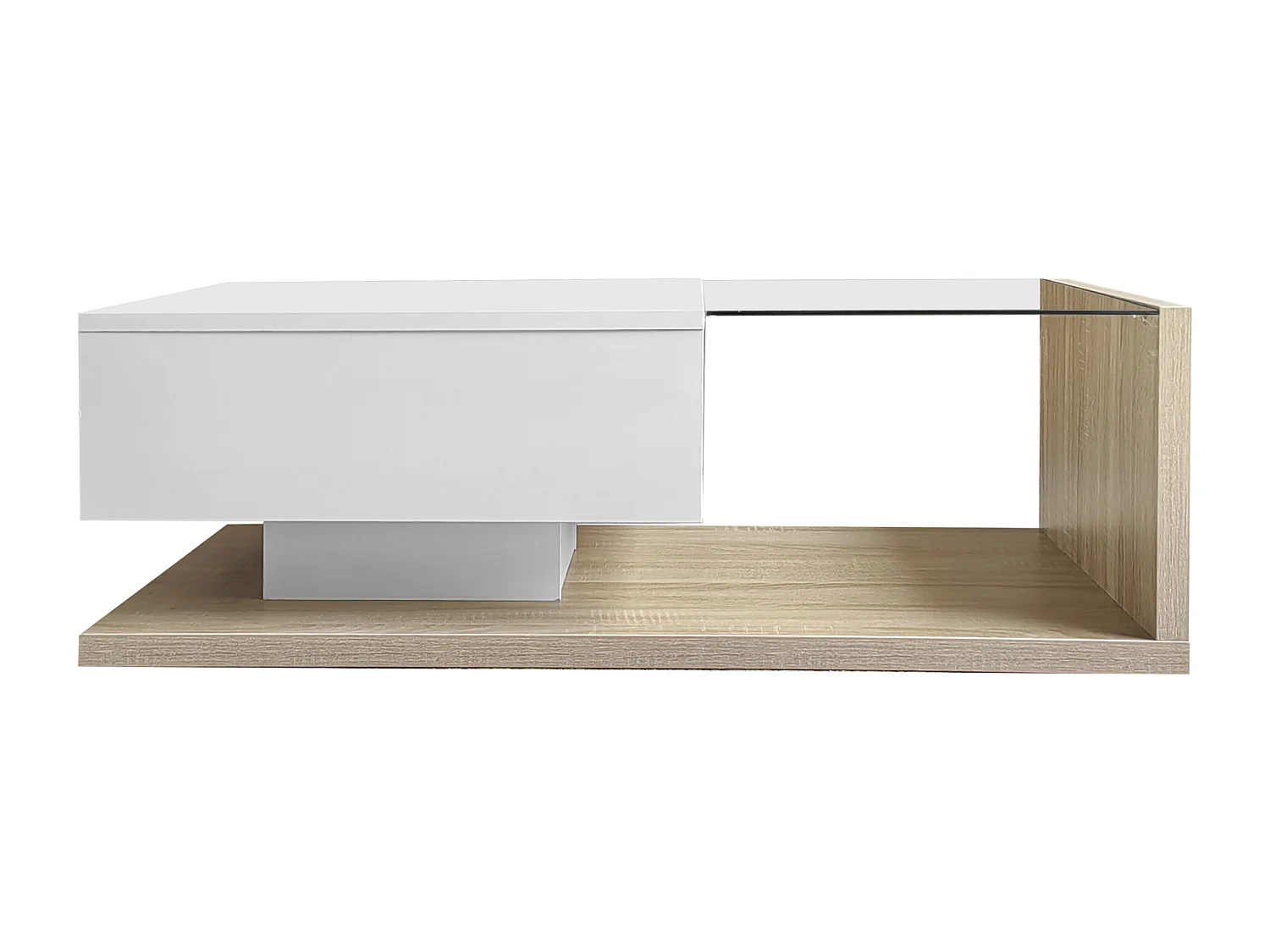 Rechthoekige salontafel 105x55x32,5cm met lade, onderstel in wit en licht hout, glazen blad