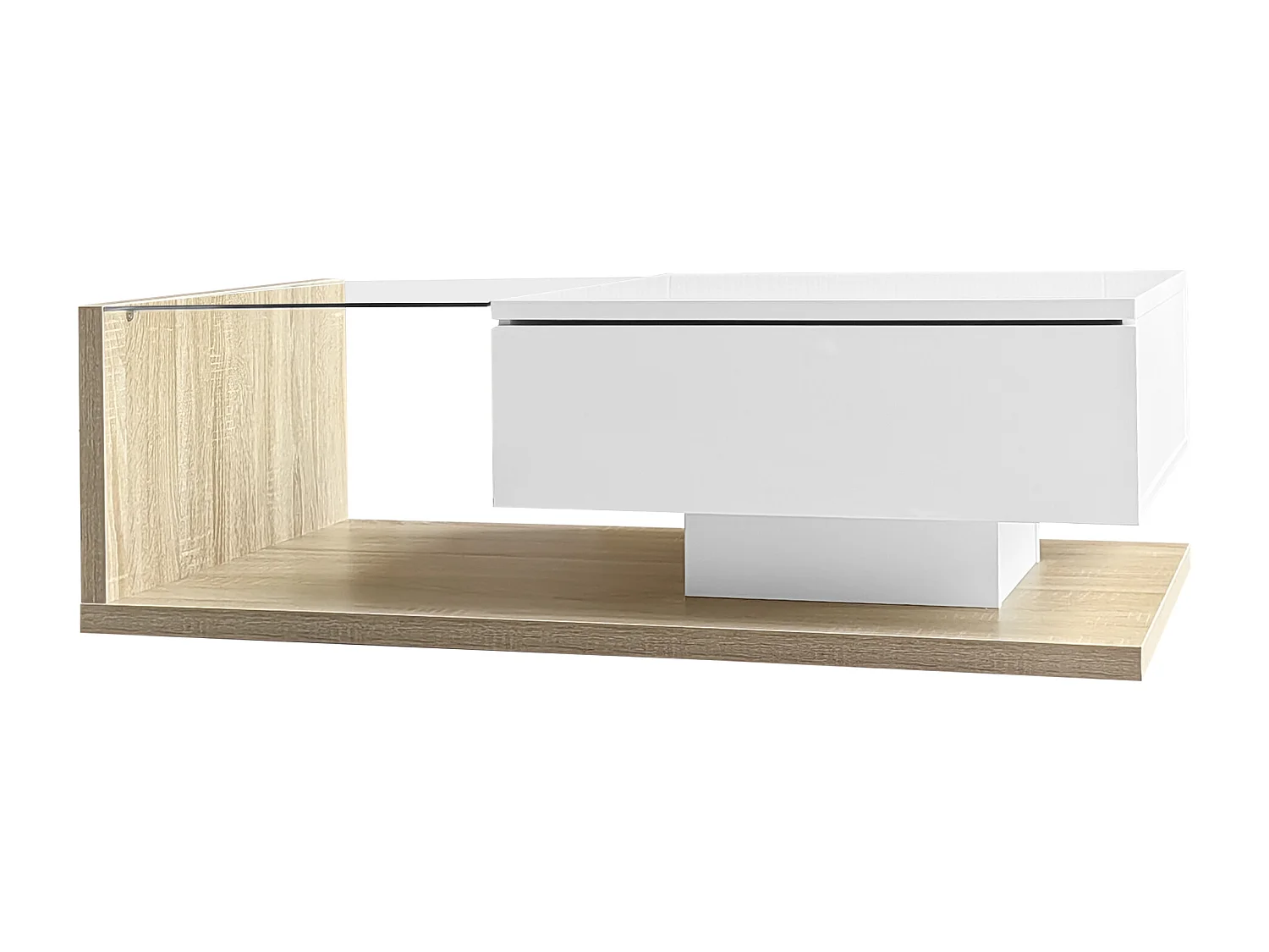 Rechthoekige salontafel 105x55x32,5cm met lade, onderstel in wit en licht hout, glazen blad