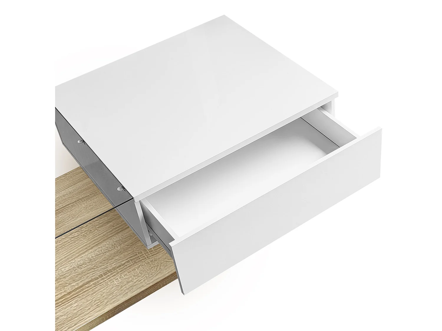Rechthoekige salontafel 105x55x32,5cm met lade, onderstel in wit en licht hout, glazen blad