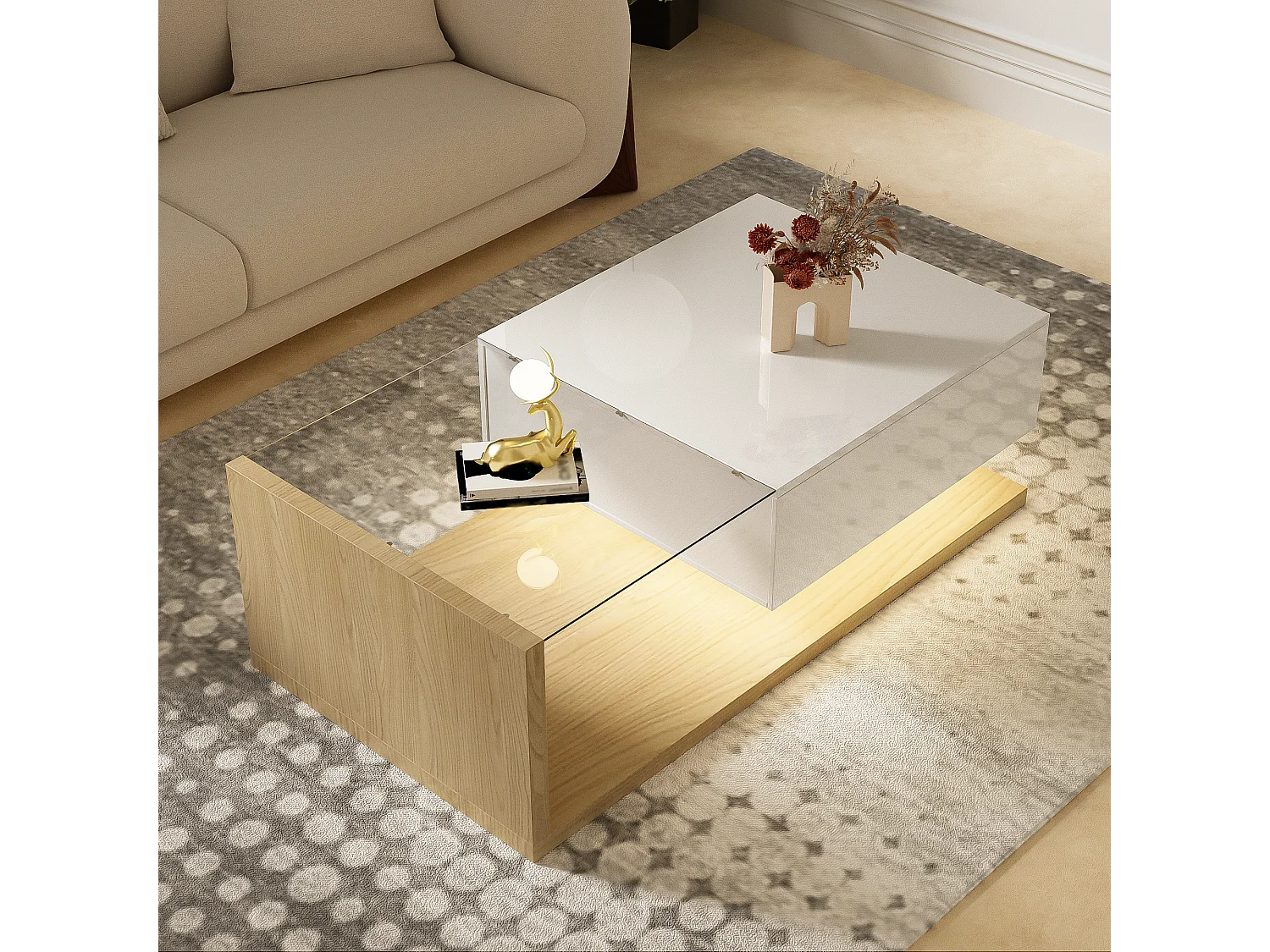 Table basse rectangle 105x55x32.5cm avec tiroir, corps en blanc et bois clair, plateau en verre