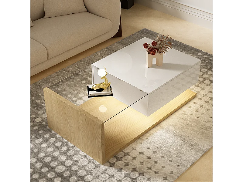 Table basse rectangle 105x55x32.5cm avec tiroir, corps en blanc et bois clair, plateau en verre