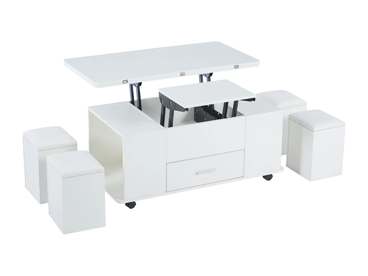 Table basse rectangle à roulettes 100x50x45cm avec plateau relevable et 1 tiroir, 4 tabourets intégrés, blanc