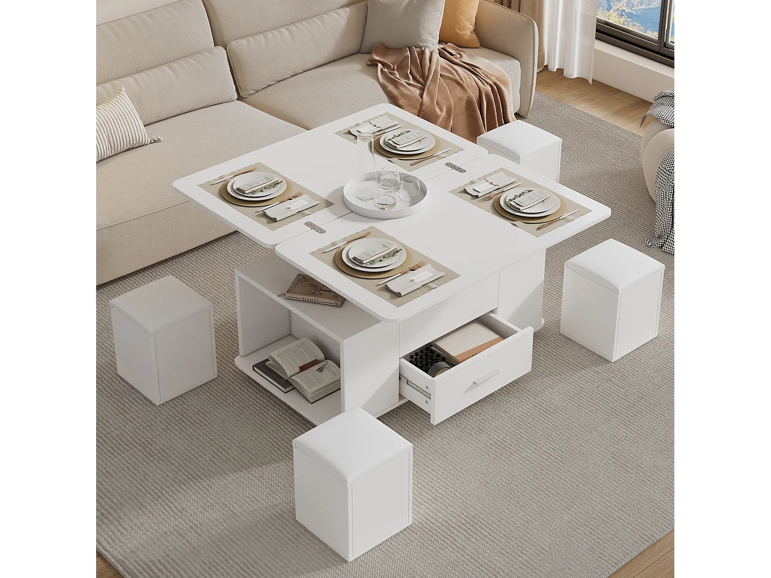 Table basse rectangle à roulettes 100x50x45cm avec plateau relevable et 1 tiroir, 4 tabourets intégrés, blanc