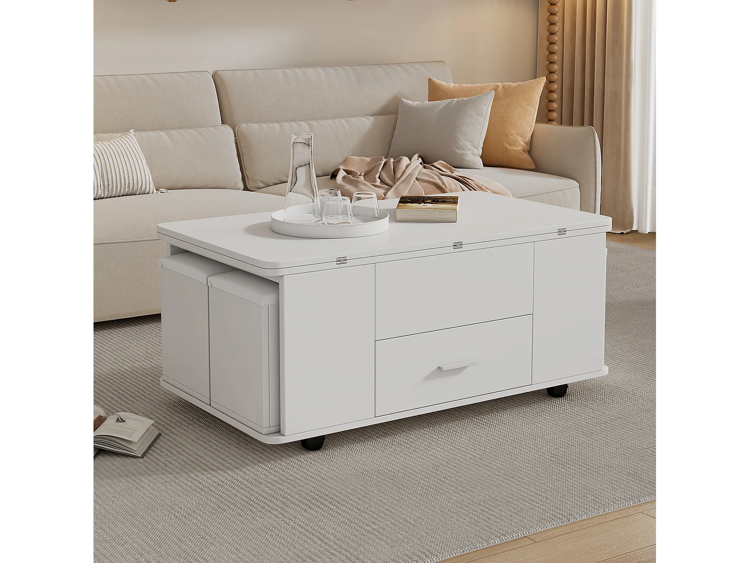 Table basse rectangle à roulettes 100x50x45cm avec plateau relevable et 1 tiroir, 4 tabourets intégrés, blanc