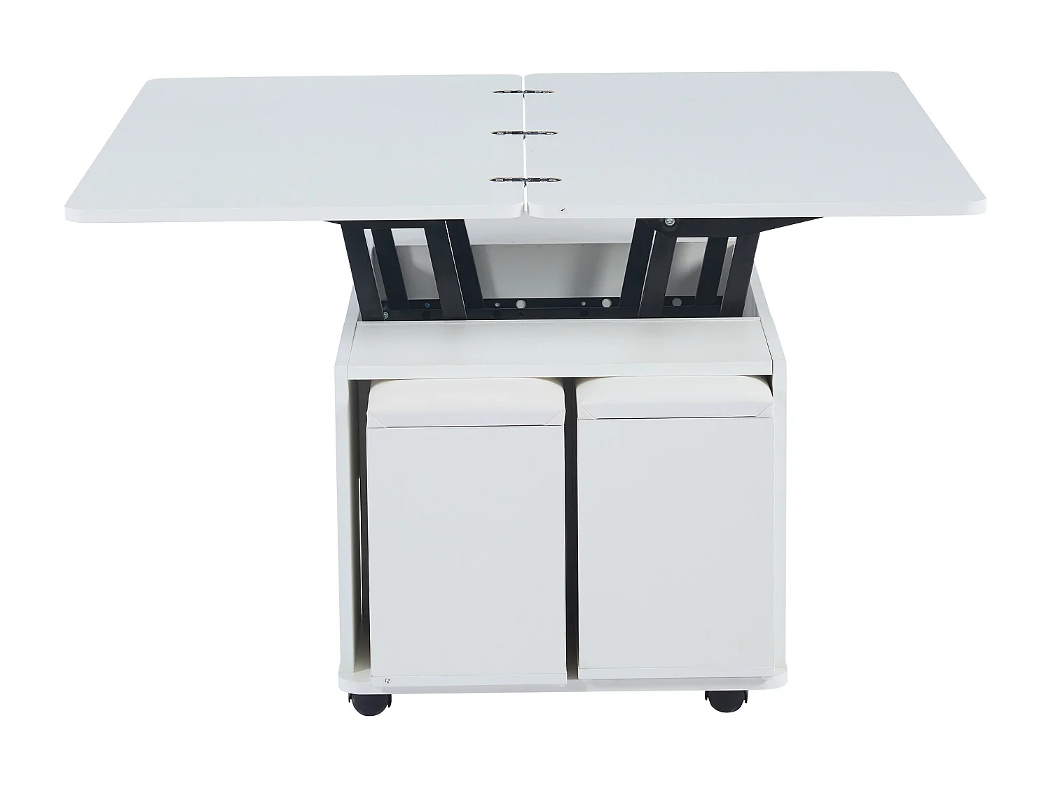 Table basse rectangle à roulettes 100x50x45cm avec plateau relevable et 1 tiroir, 4 tabourets intégrés, blanc