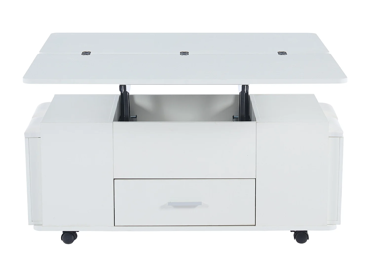 Table basse rectangle à roulettes 100x50x45cm avec plateau relevable et 1 tiroir, 4 tabourets intégrés, blanc