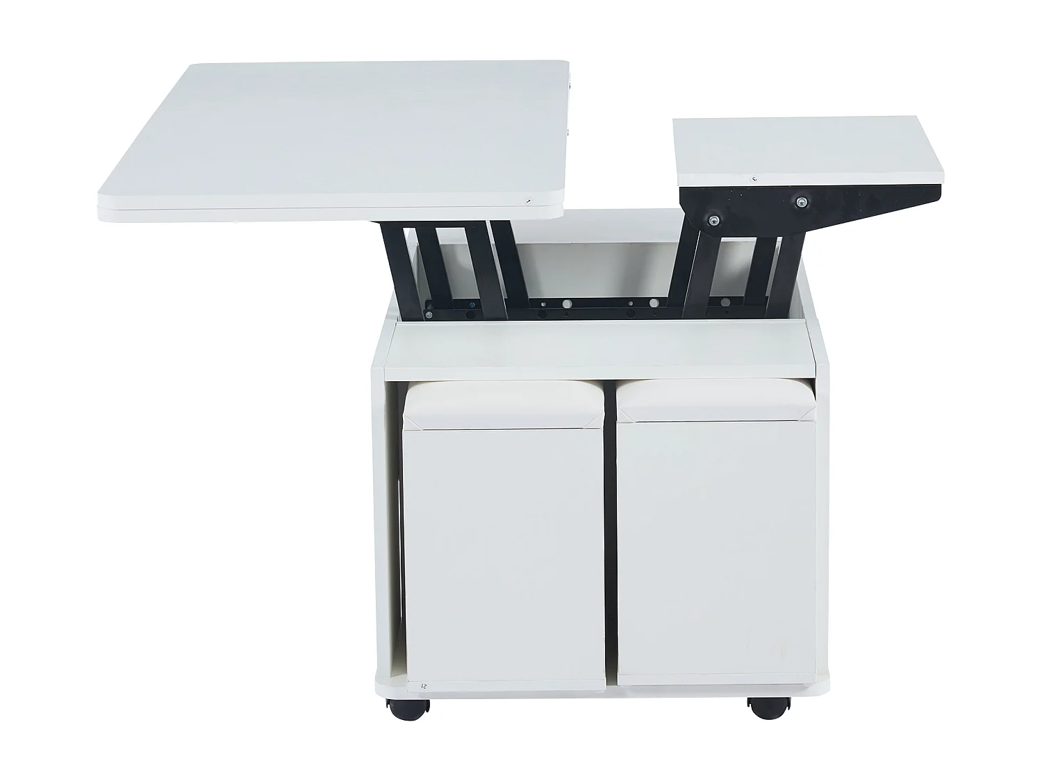 Table basse rectangle à roulettes 100x50x45cm avec plateau relevable et 1 tiroir, 4 tabourets intégrés, blanc