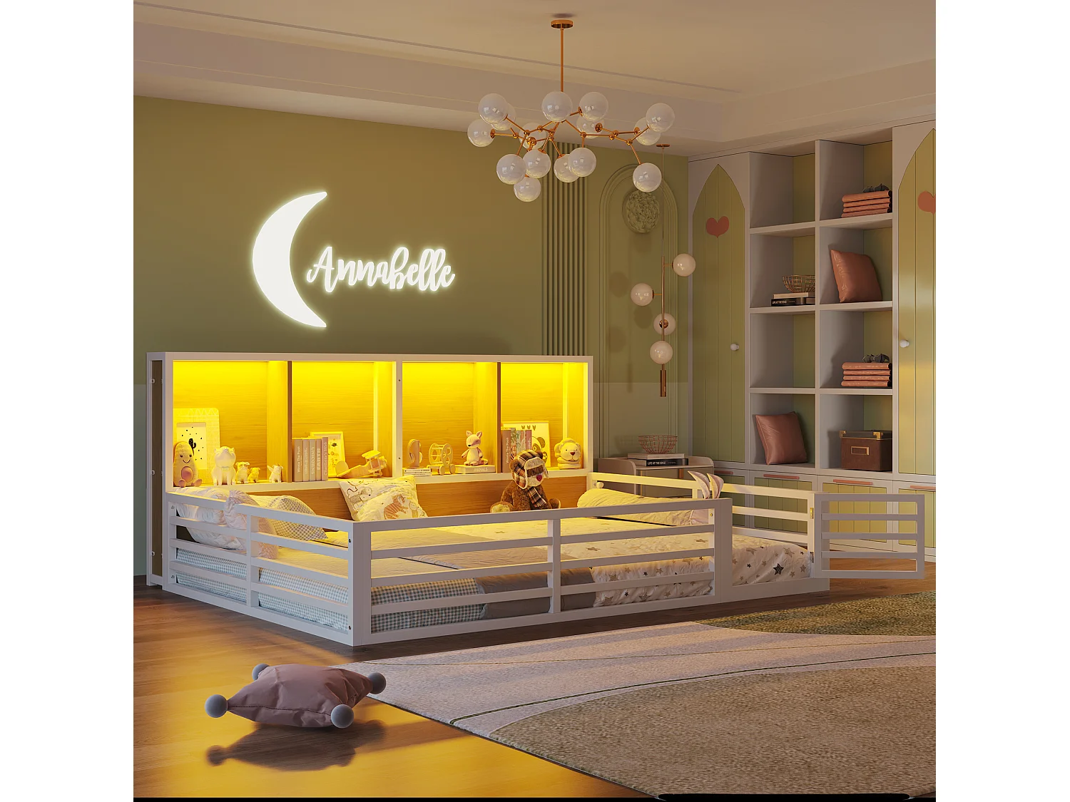 Lit enfant 140x200cm blanc avec compartiments de rangement, sommier à lattes, MDF, sans matelas