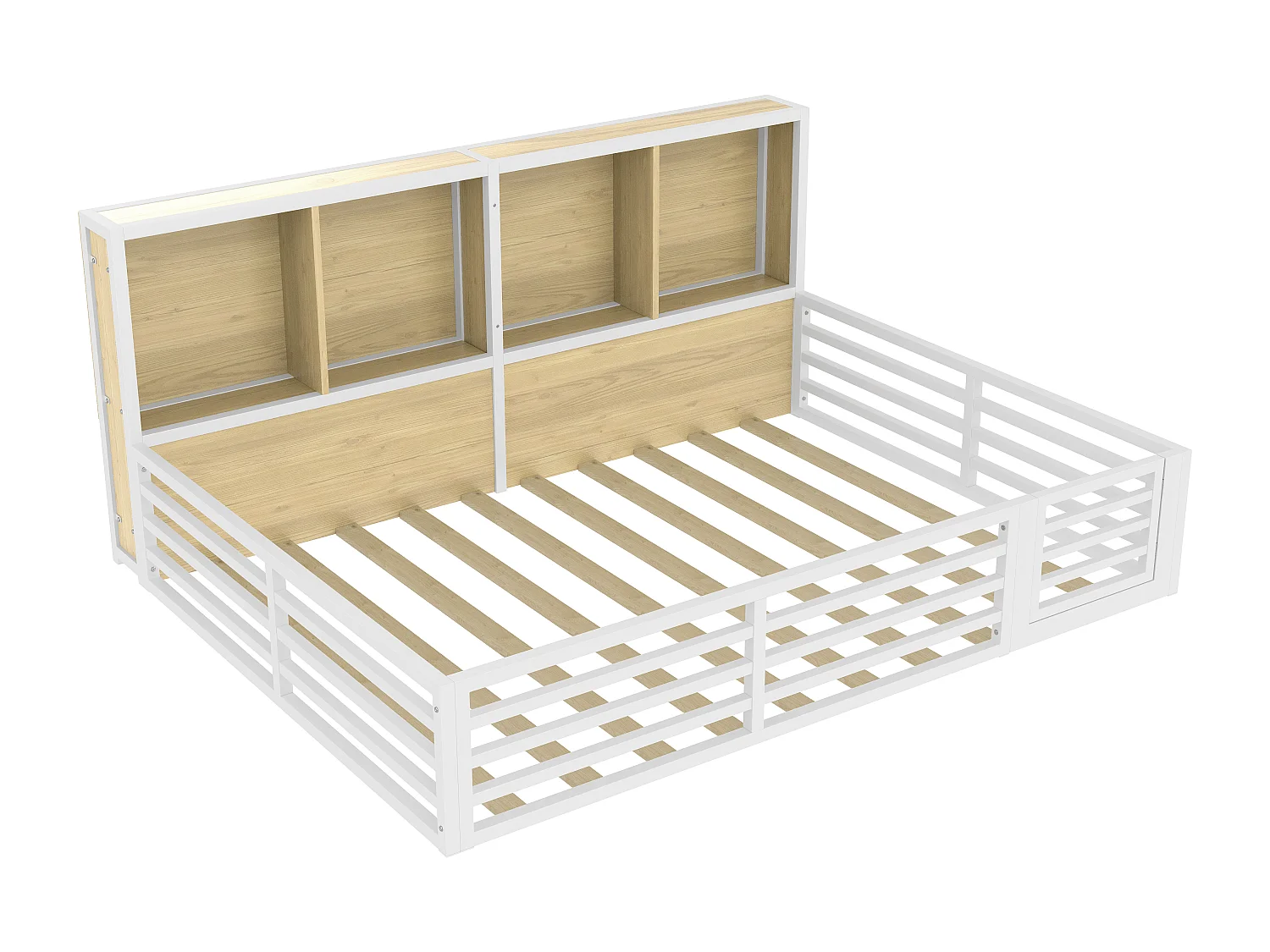 Lit enfant 140x200cm blanc avec compartiments de rangement, sommier à lattes, MDF, sans matelas