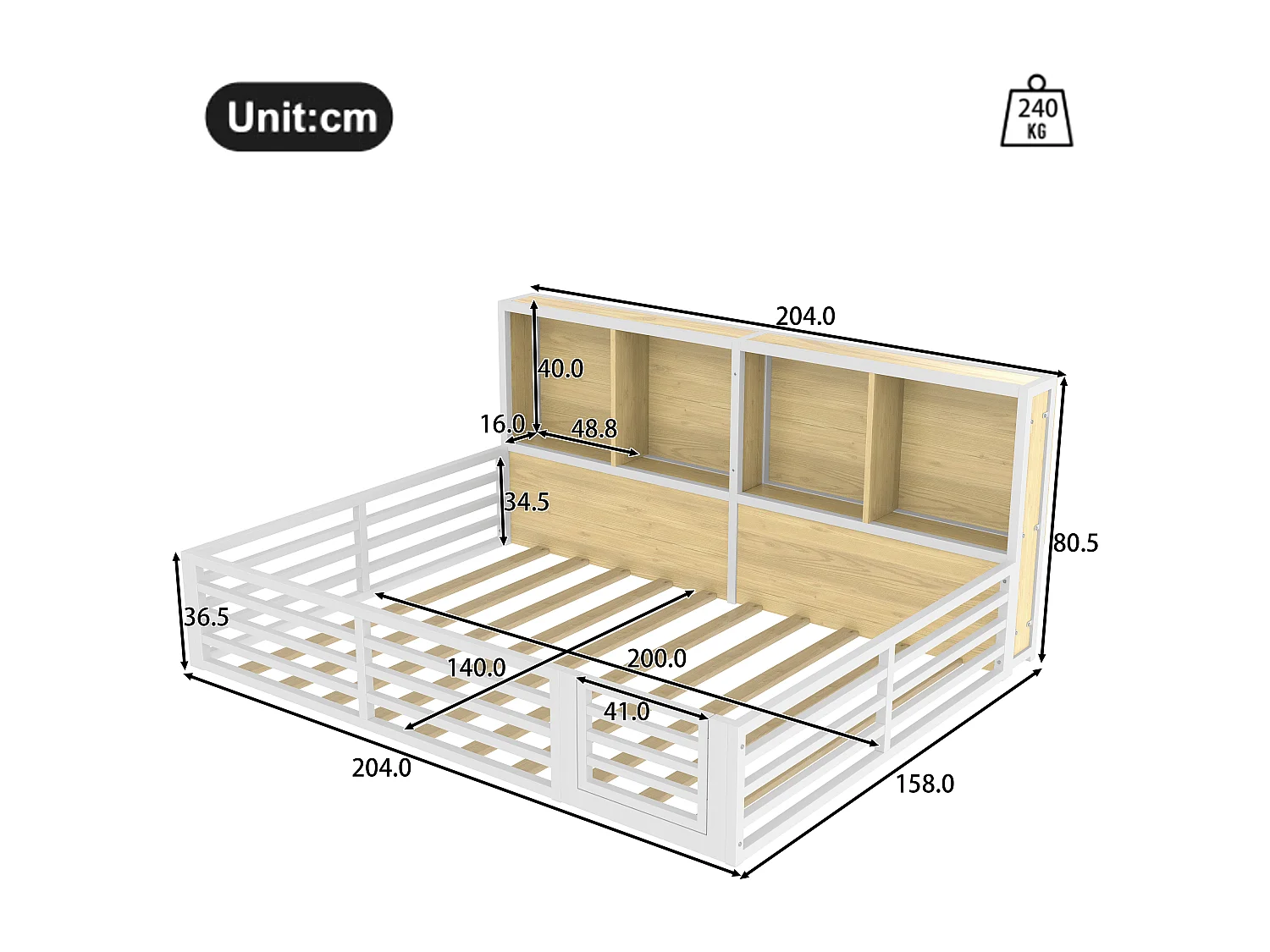 Lit enfant 140x200cm blanc avec compartiments de rangement, sommier à lattes, MDF, sans matelas