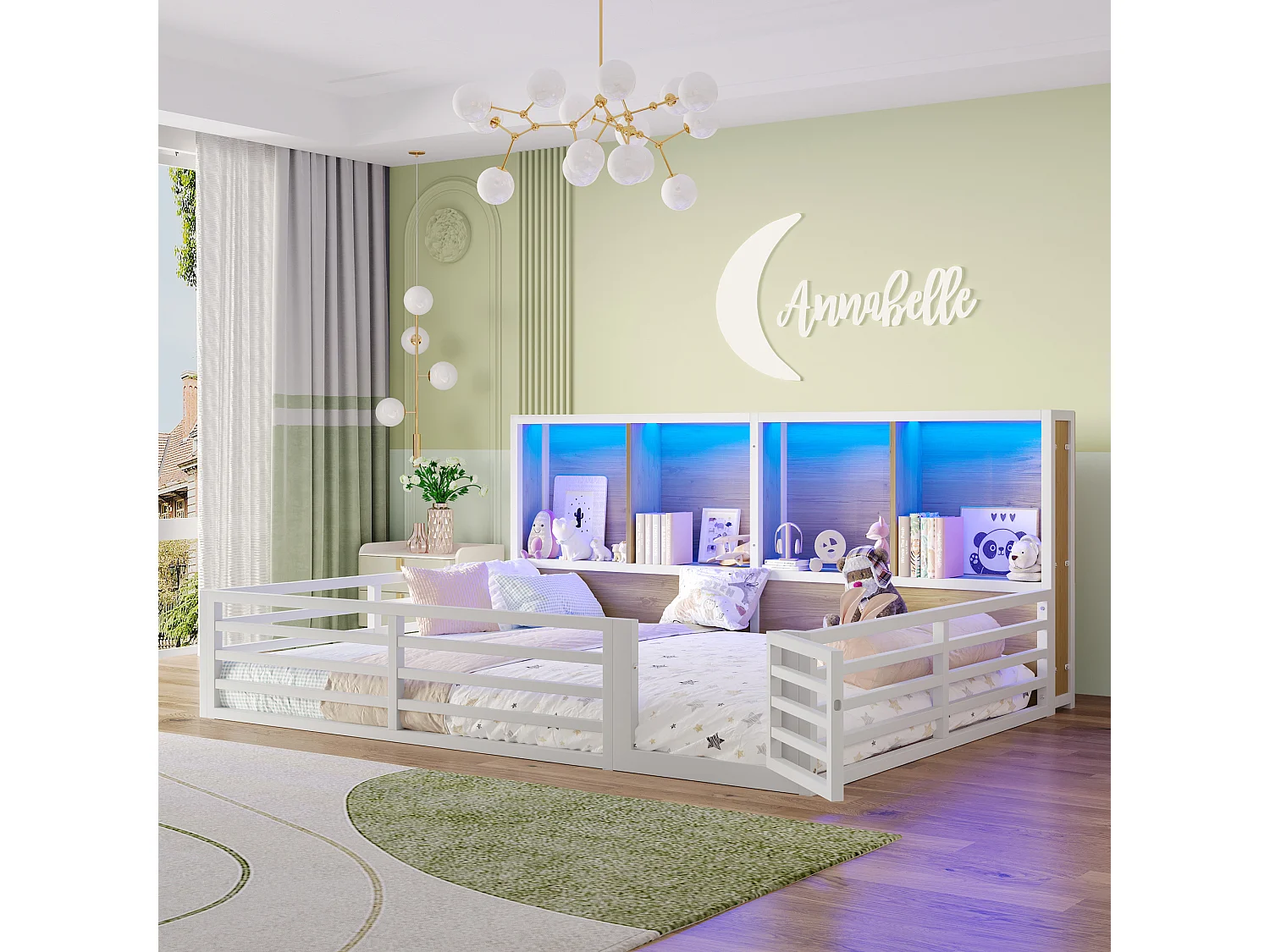 Lit enfant 140x200cm blanc avec compartiments de rangement, sommier à lattes, MDF, sans matelas