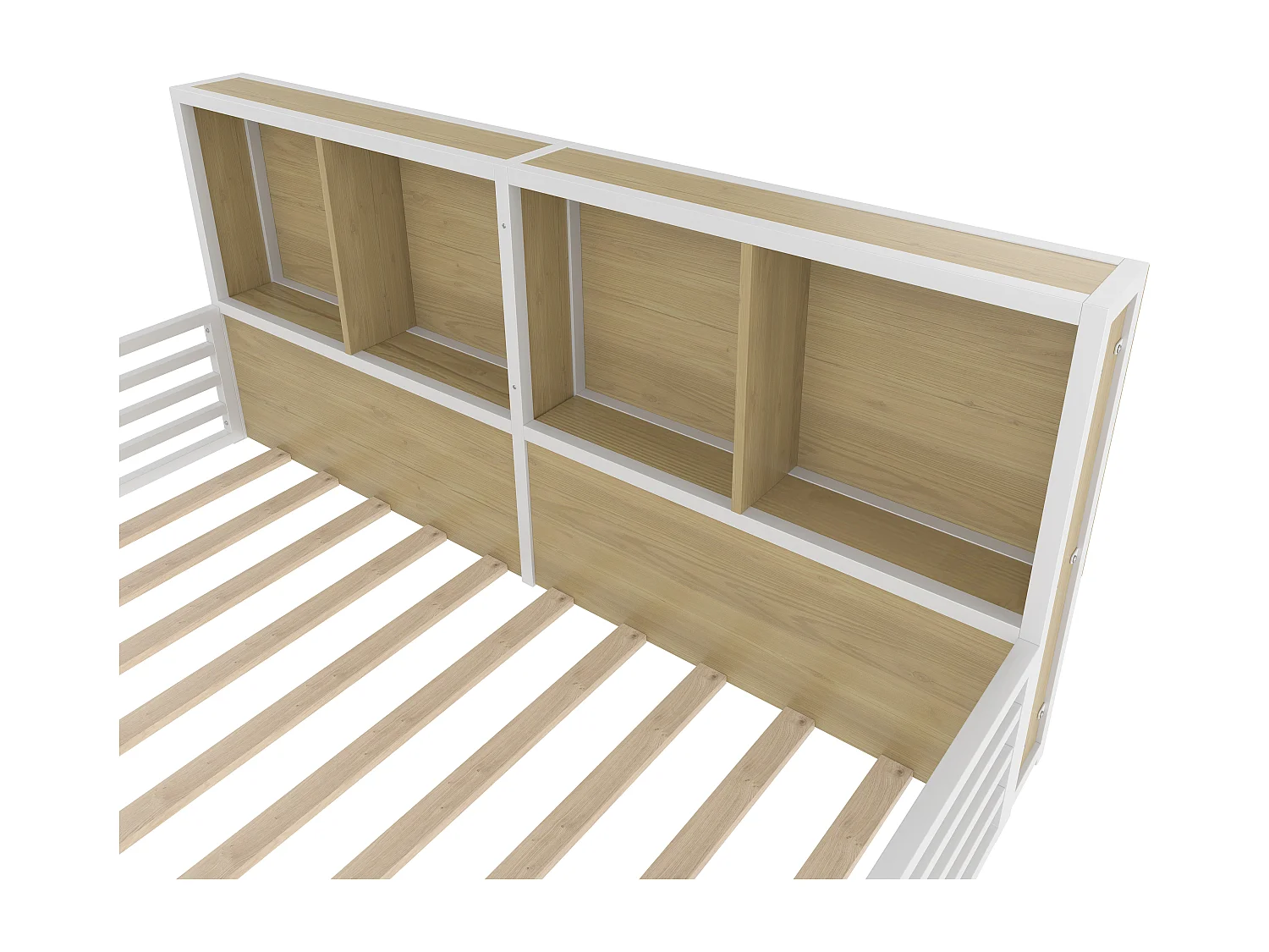 Lit enfant 140x200cm blanc avec compartiments de rangement, sommier à lattes, MDF, sans matelas