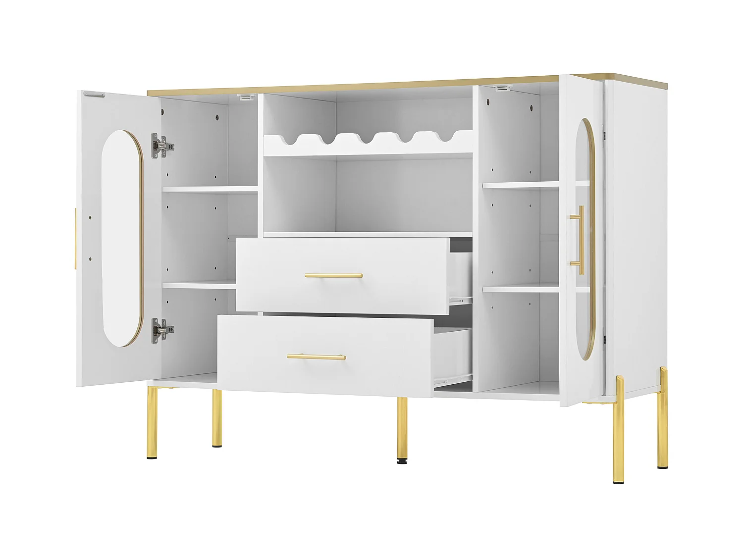 Dressoir 120x38x90cm met 2 glazen deuren, 2 laden en 2 nissen, body in witte lak met handgrepen en poten in goudkleurig metaal