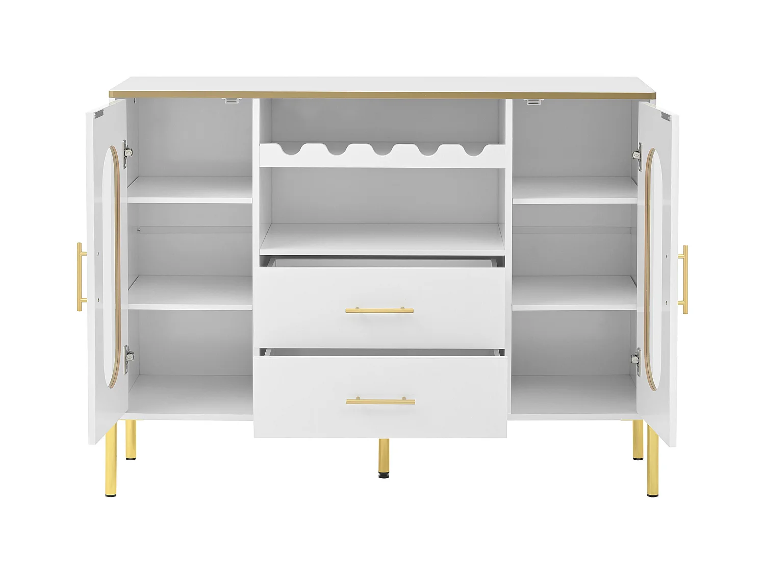 Dressoir 120x38x90cm met 2 glazen deuren, 2 laden en 2 nissen, body in witte lak met handgrepen en poten in goudkleurig metaal