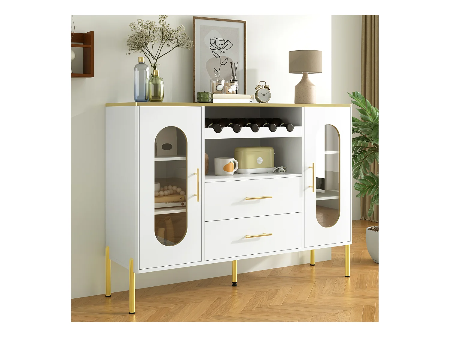 Buffet 120x38x90cm avec 2 portes en verre, 2 tiroirs et 2 niches, corps en blanc laqué avec les poignées et pieds en métal doré