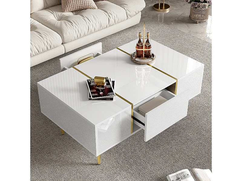 Mesa de centro retangular 100x60x41,5cm com 2 gavetas, corpo em laca branca com detalhes dourados