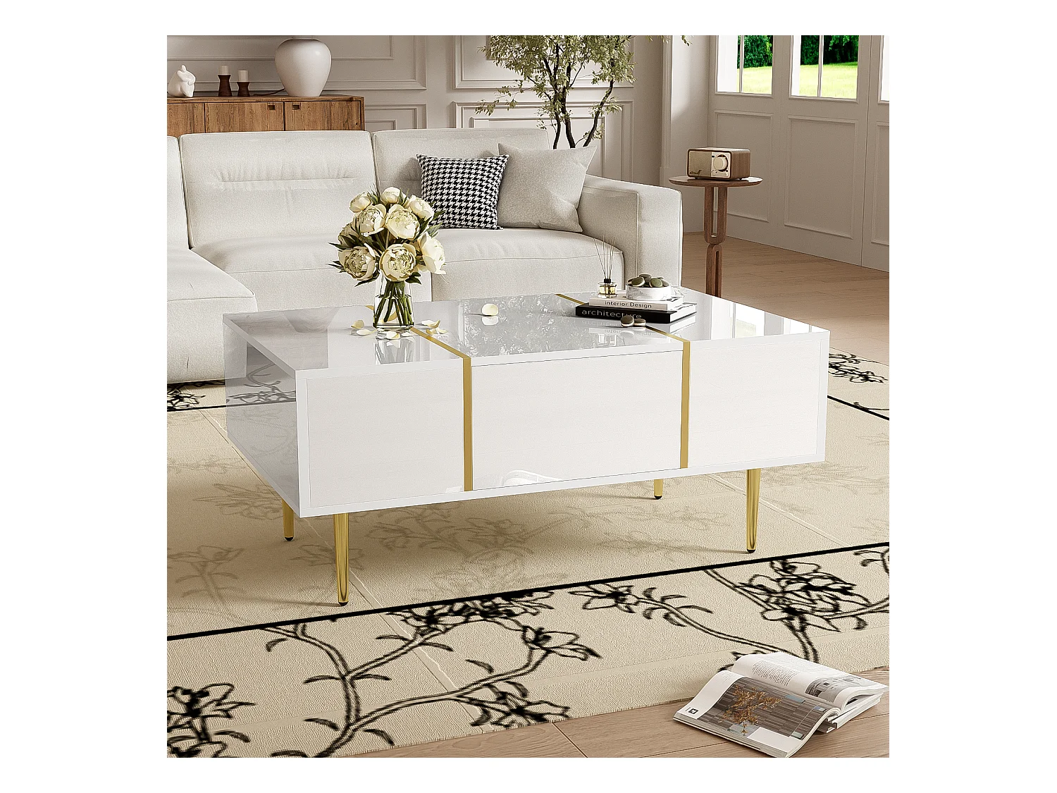 Table basse rectangle 100x60x41.5cm avec 2 tiroirs, corps en blanc laqué avec les détails dorés