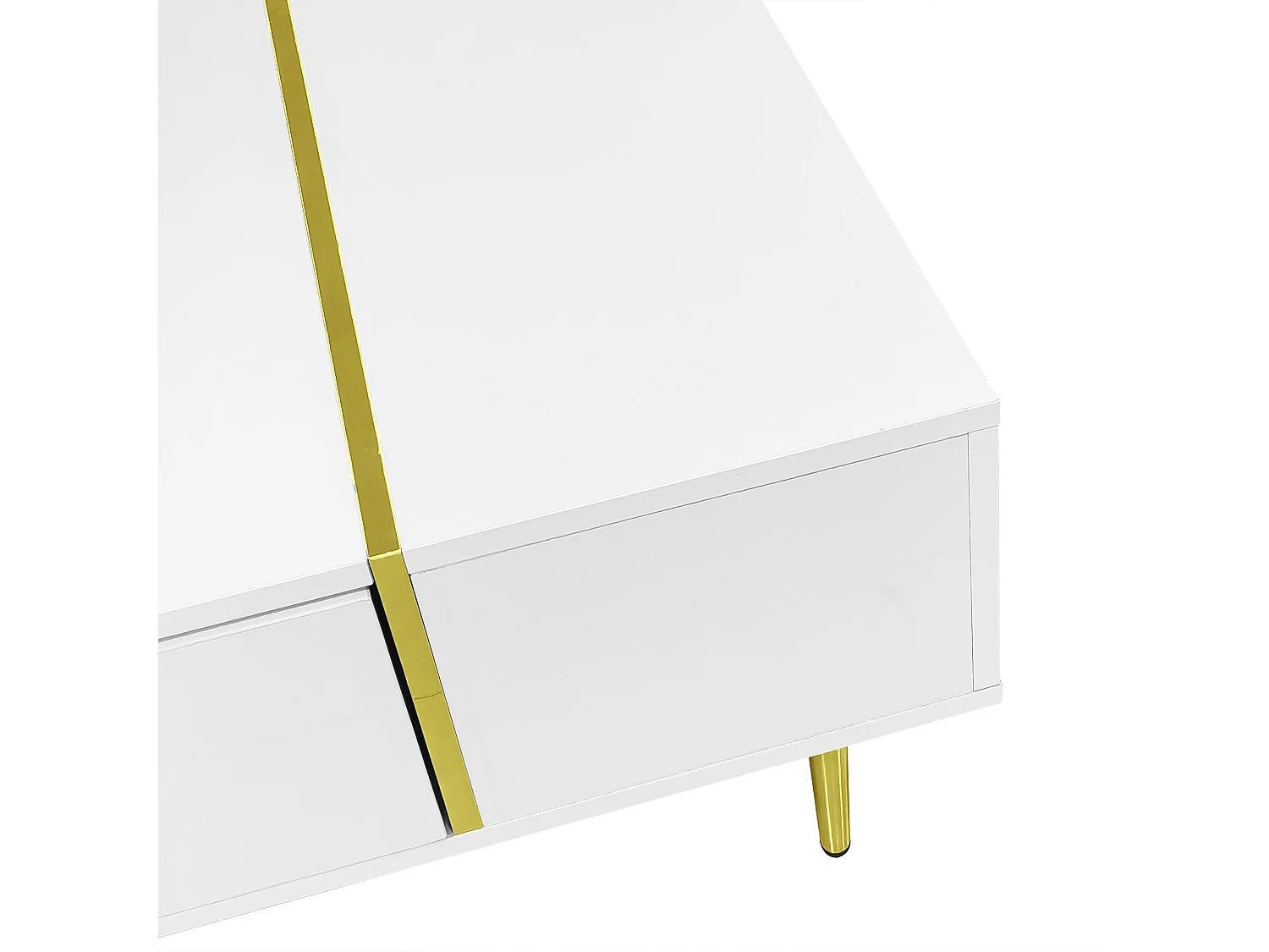 Table basse rectangle 100x60x41.5cm avec 2 tiroirs, corps en blanc laqué avec les détails dorés