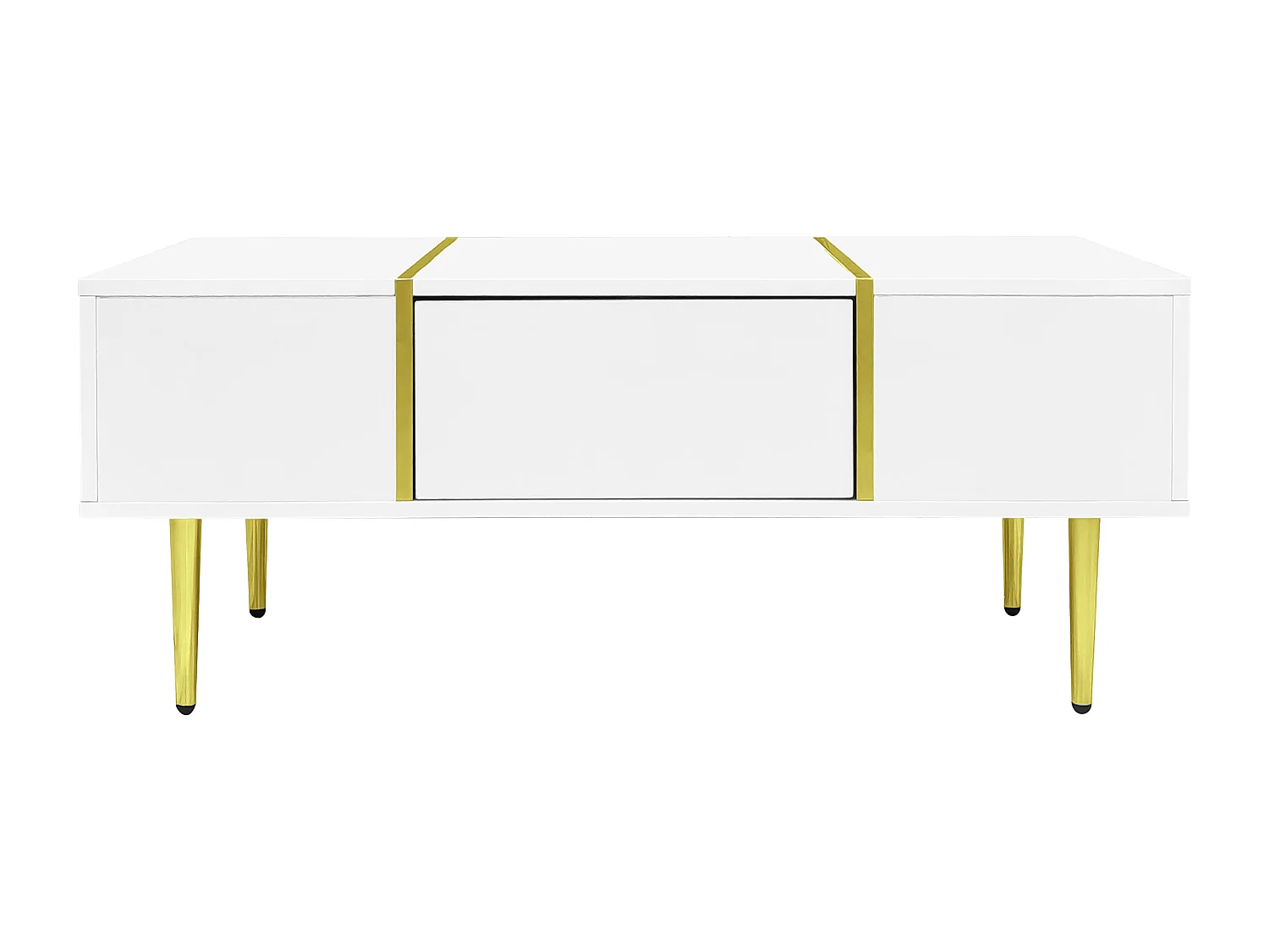 Table basse rectangle 100x60x41.5cm avec 2 tiroirs, corps en blanc laqué avec les détails dorés
