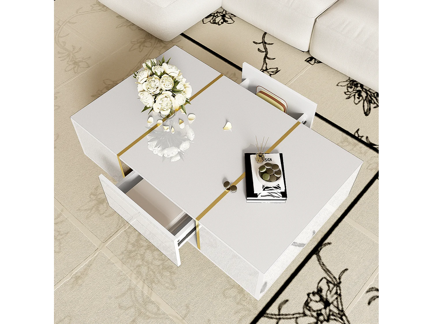 Table basse rectangle 100x60x41.5cm avec 2 tiroirs, corps en blanc laqué avec les détails dorés