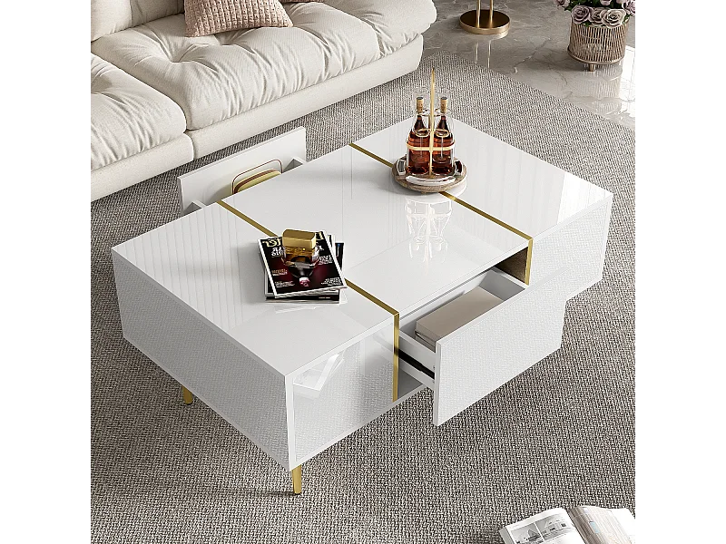 Table basse rectangle 100x60x41.5cm avec 2 tiroirs, corps en blanc laqué avec les détails dorés
