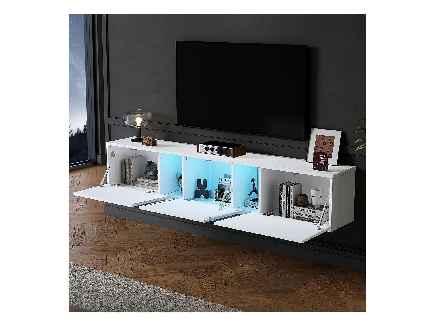 Móvel TV de parede 180x35x30cm com LED, 3 portas sanfonadas, lacado branco brilhante