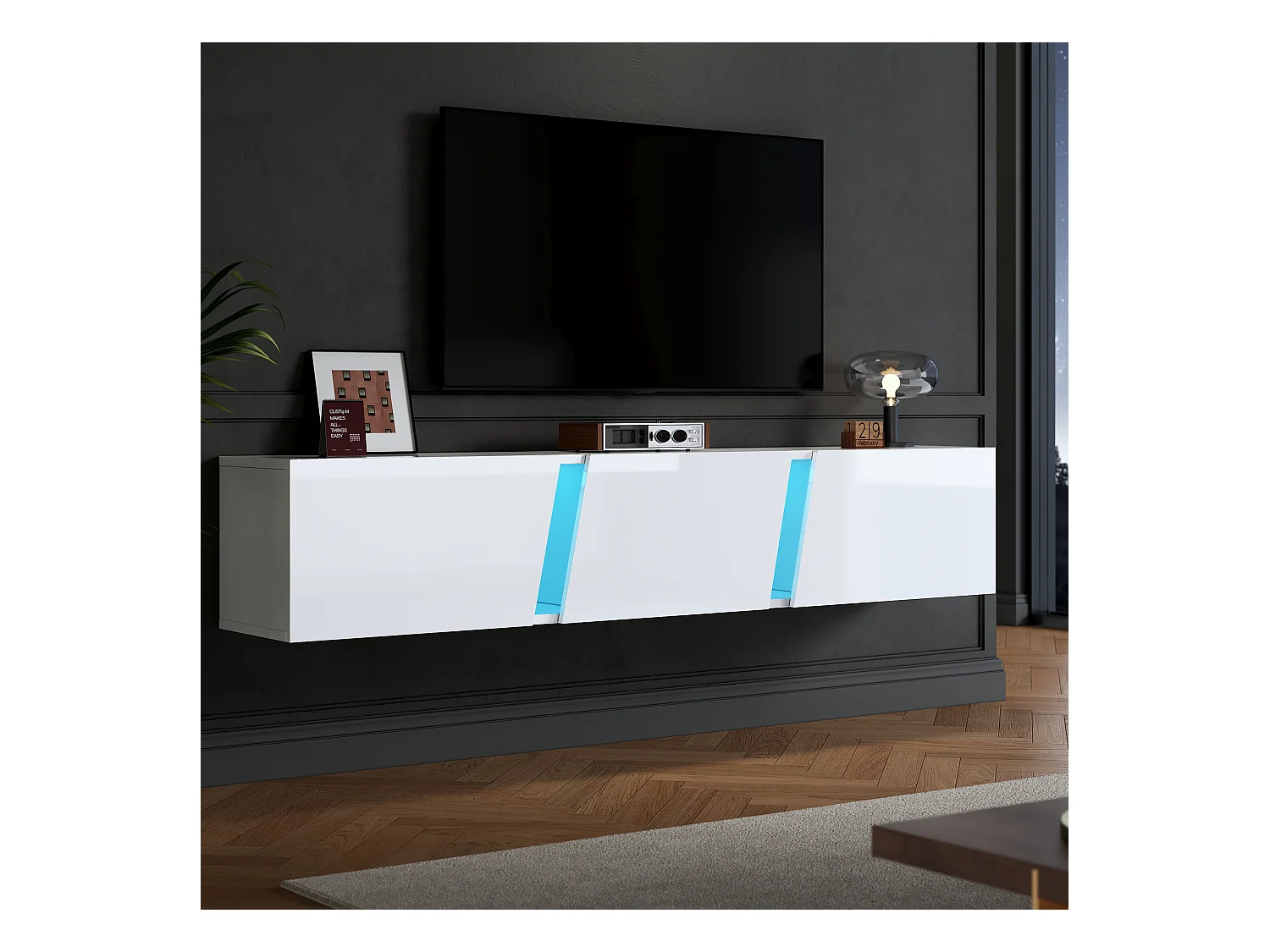 Meuble TV suspendu 180x35x30cm avec LED, 3 portes pliantes, blanc laqué brillant
