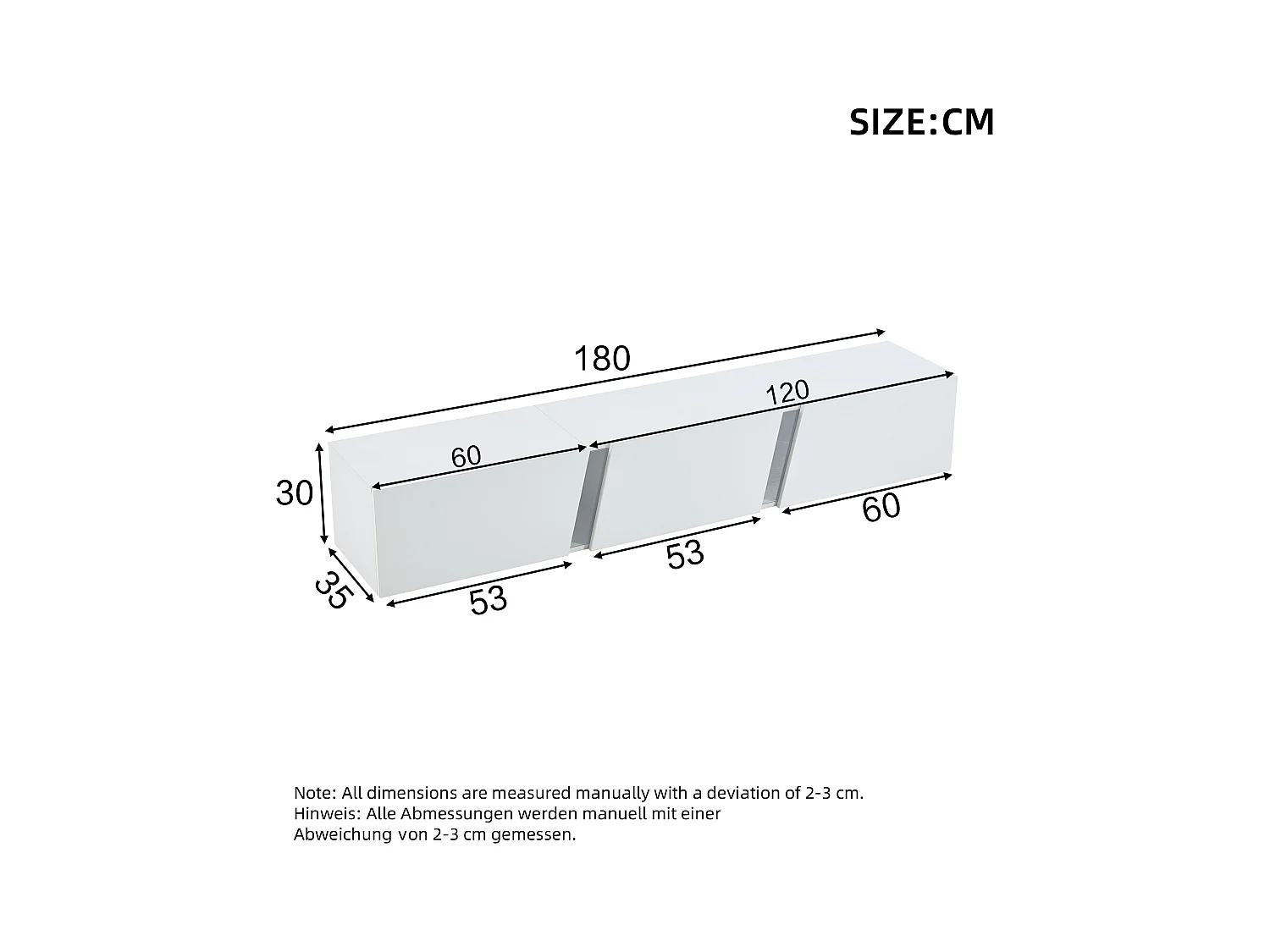 Meuble TV suspendu 180x35x30cm avec LED, 3 portes pliantes, blanc laqué brillant