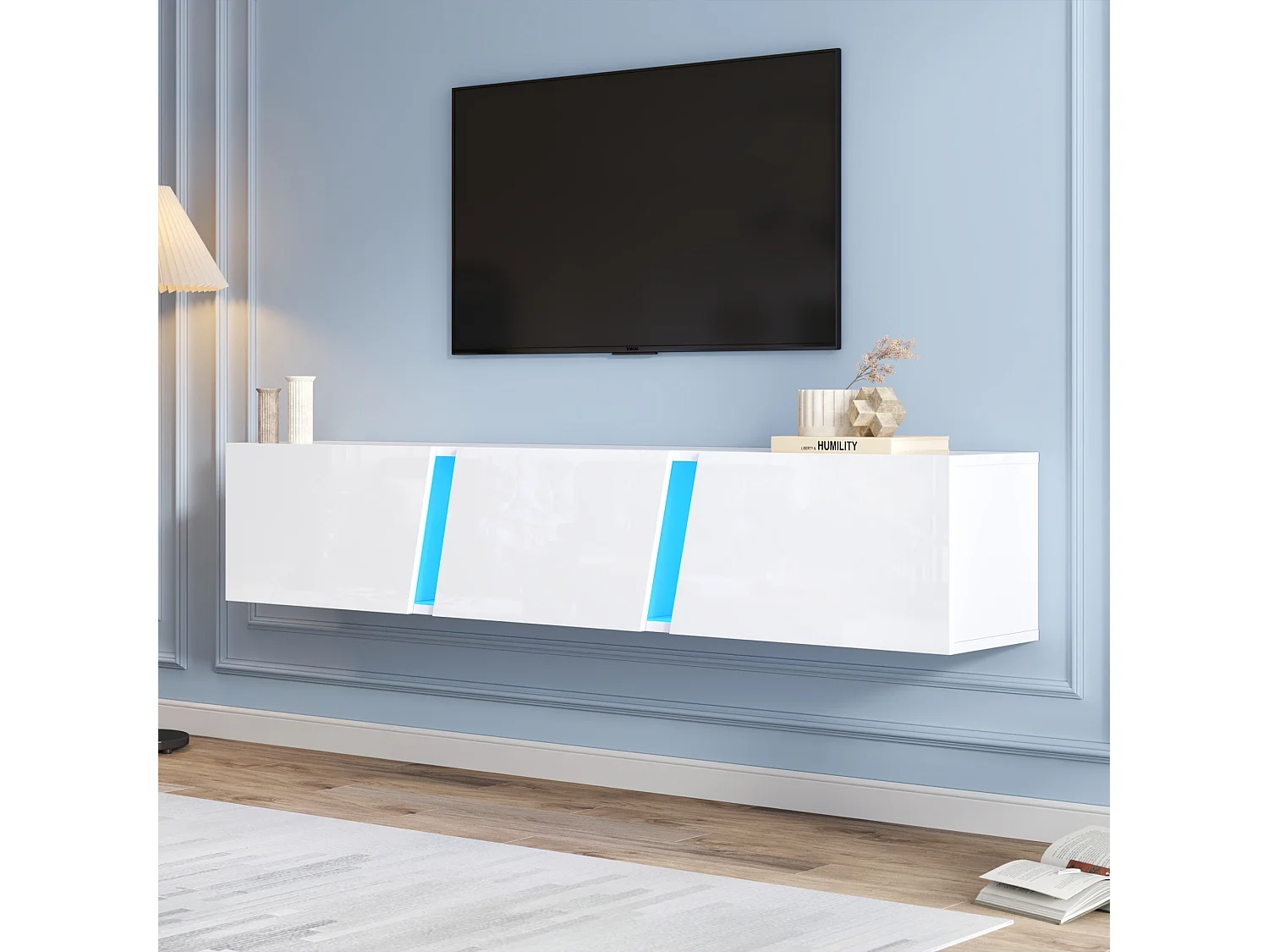 Meuble TV suspendu 180x35x30cm avec LED, 3 portes pliantes, blanc laqué brillant