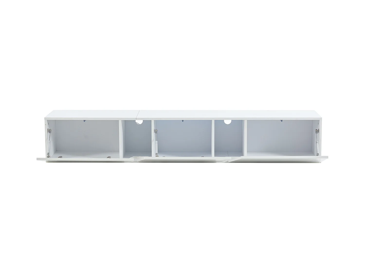 Meuble TV suspendu 180x35x30cm avec LED, 3 portes pliantes, blanc laqué brillant