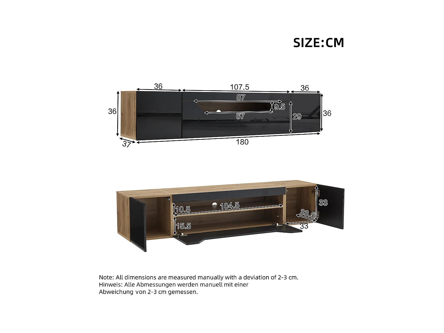 Mobile porta TV sospeso 180x37x36cm con LED, 3 ante, corpo in impiallacciato legno naturale e laccato nero lucido