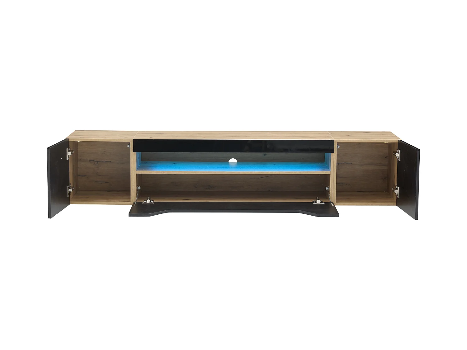 Mobile porta TV sospeso 180x37x36cm con LED, 3 ante, corpo in impiallacciato legno naturale e laccato nero lucido