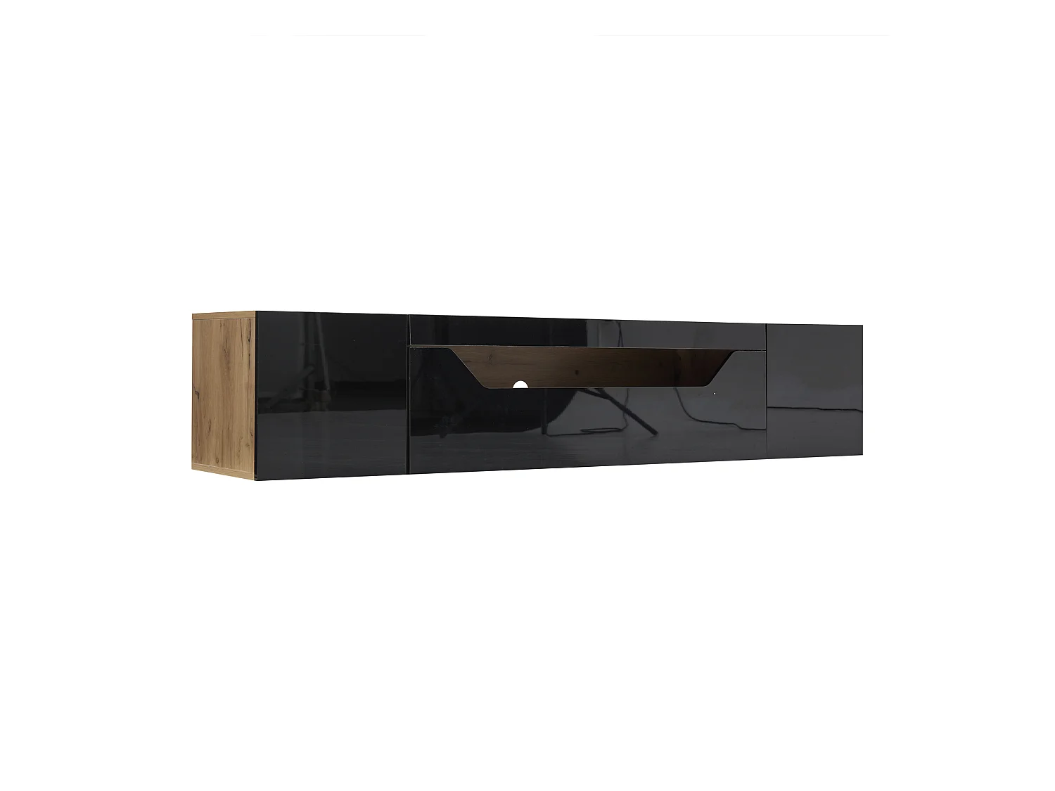 Mobile porta TV sospeso 180x37x36cm con LED, 3 ante, corpo in impiallacciato legno naturale e laccato nero lucido