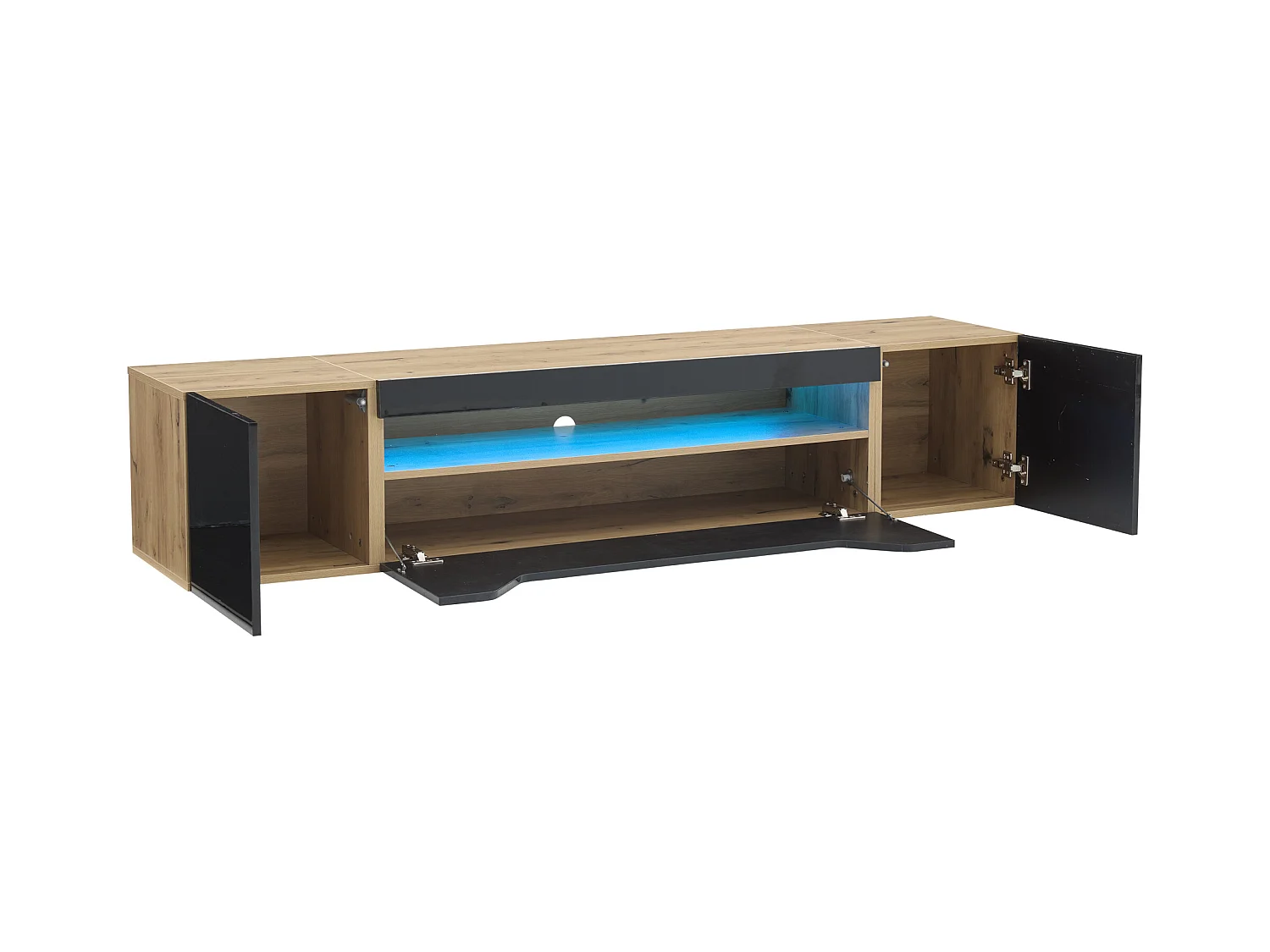Mobile porta TV sospeso 180x37x36cm con LED, 3 ante, corpo in impiallacciato legno naturale e laccato nero lucido