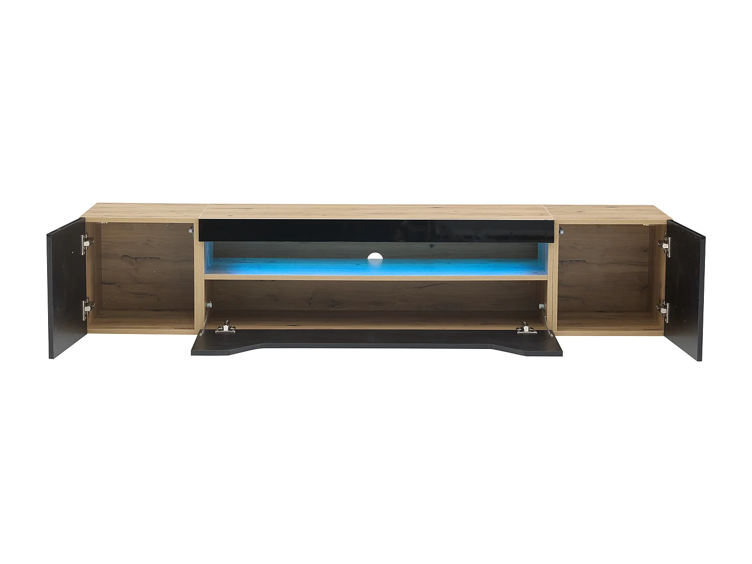 Meuble TV suspendu 180x37x36cm avec LED, 3 portes, corps en placage bois naturel et noir laqué brillant