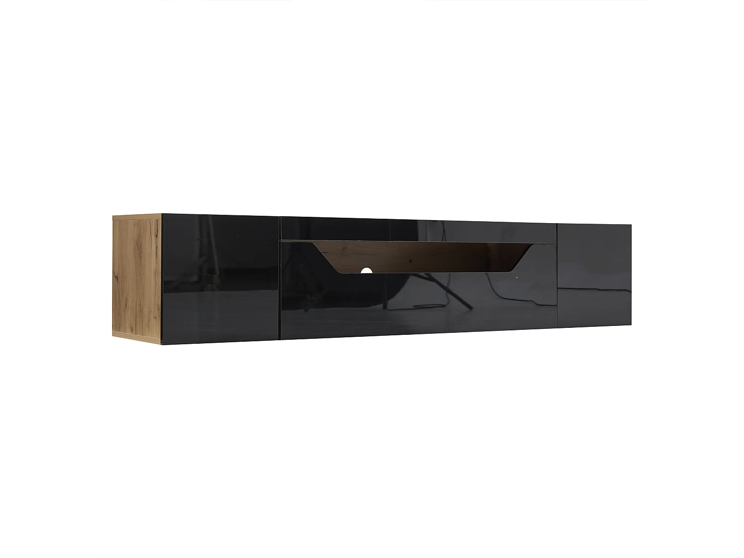 Meuble TV suspendu 180x37x36cm avec LED, 3 portes, corps en placage bois naturel et noir laqué brillant