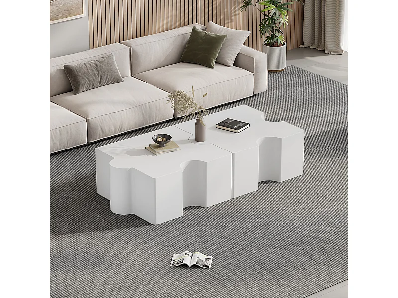 Set di 2 tavolini componibili a forma di puzzle bianco, MDF, ampio spazio di archiviazione integrato