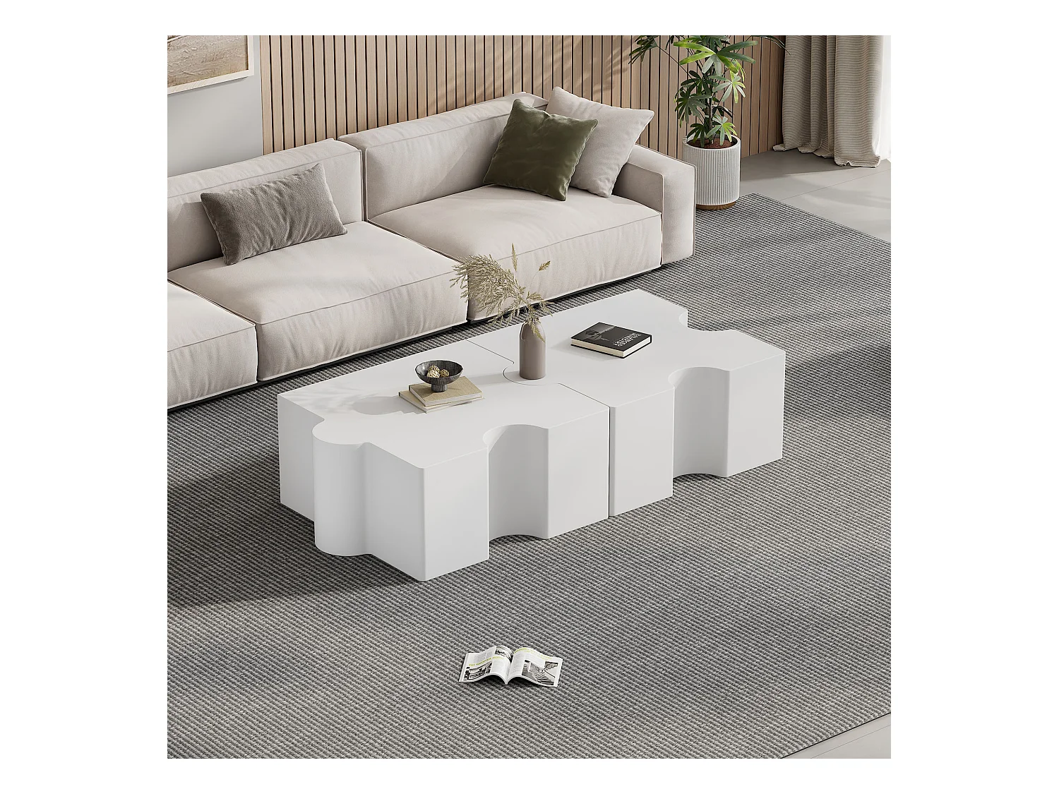 Lot de 2 tables basses modulables en forme de Puzzle blanc, MDF, grand rangement intégré