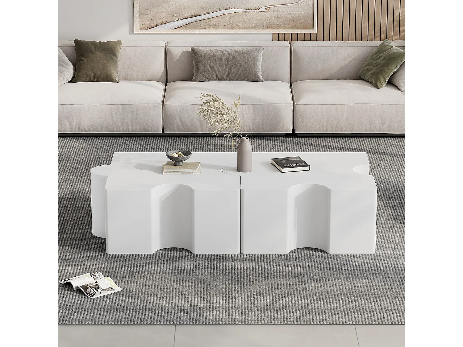 Conjunto de 2 mesas de centro modulares em forma de quebra-cabeça branco, MDF, amplo espaço de armazenamento integrado