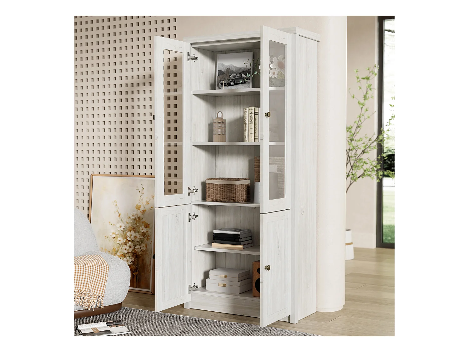 Armoire haute 80x34x171cm avec 2 portes, corps en placage woodgrain blanc avec poignées en acier