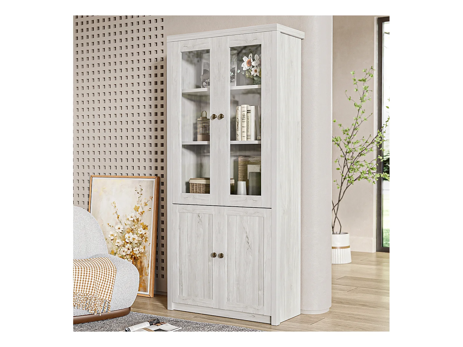 Mueble alto 80x34x171cm con 2 puertas, cuerpo en chapa de madera imitación madera blanca con tiradores de acero
