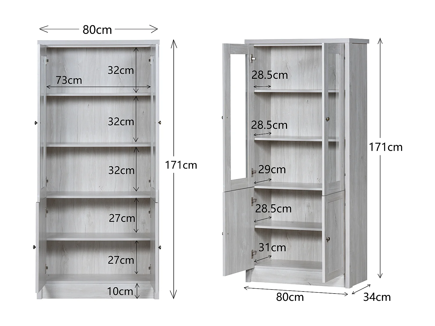 Armário alto 80x34x171cm com 2 portas, corpo em folheado de madeira branca com puxadores de aço