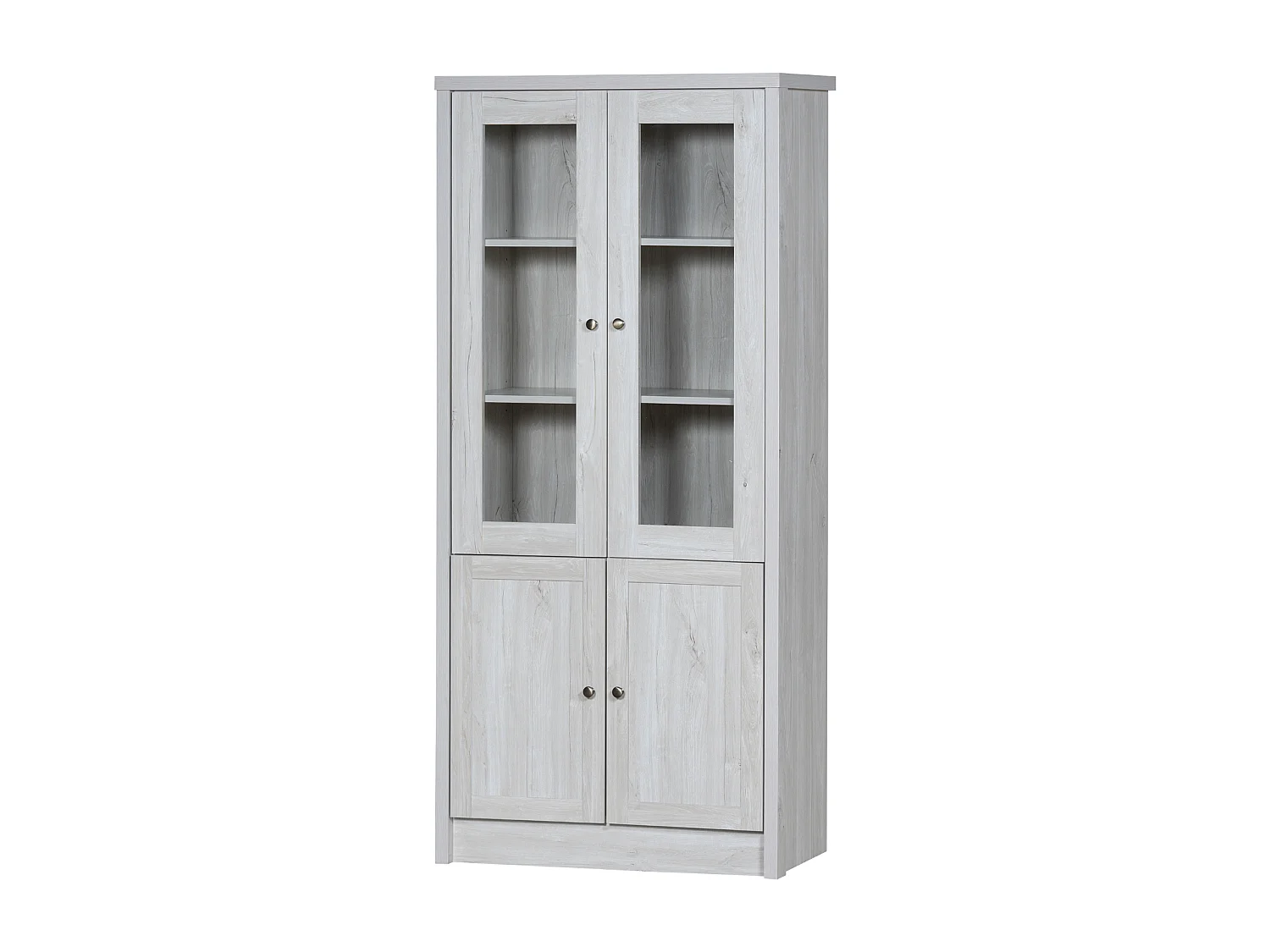 Hoge kast 80x34x171cm met 2 deuren, body in wit houtnerffineer met stalen handgrepen