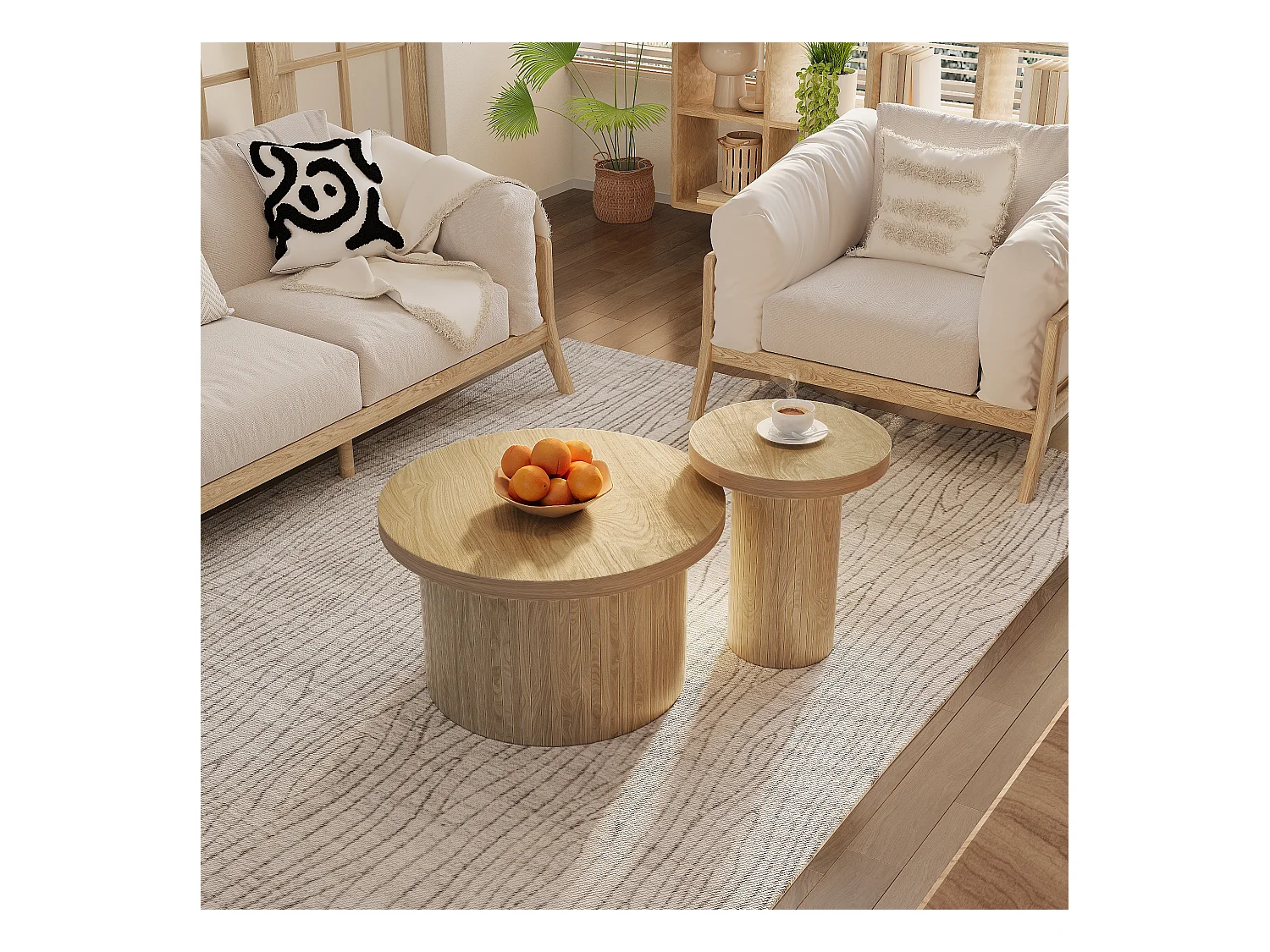 Lot de 2 tables basses gigognes rondes 66x66x40/40x40x46cm, MDF, surface en placage bois naturel clair