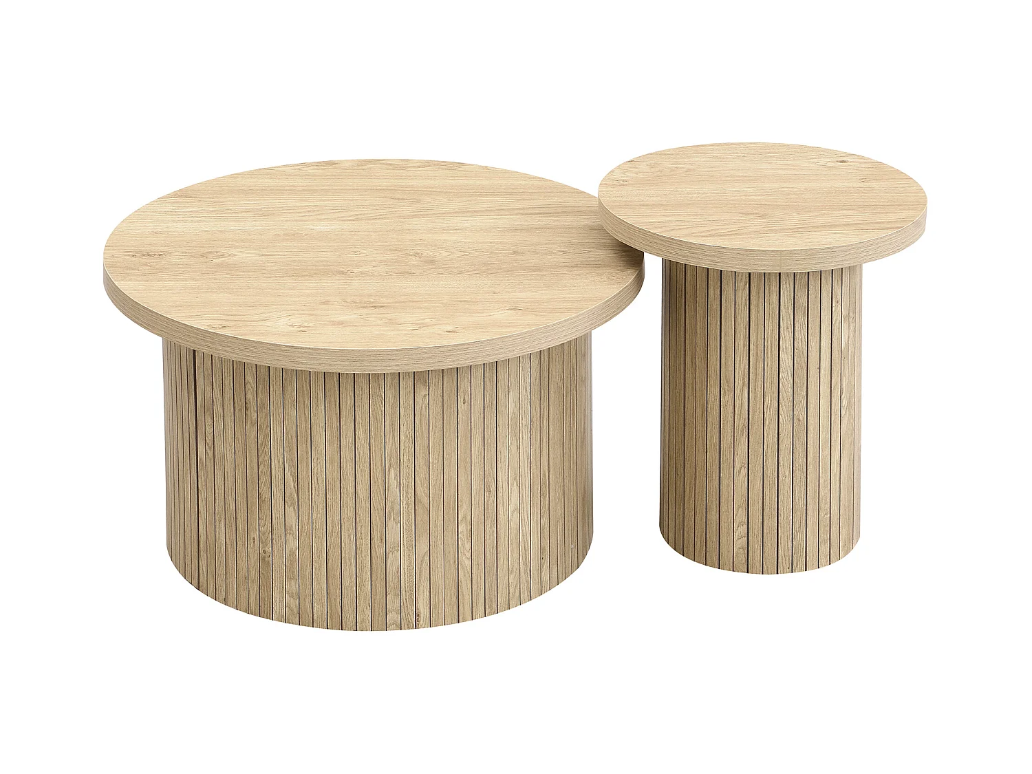 Lot de 2 tables basses gigognes rondes 66x66x40/40x40x46cm, MDF, surface en placage bois naturel clair