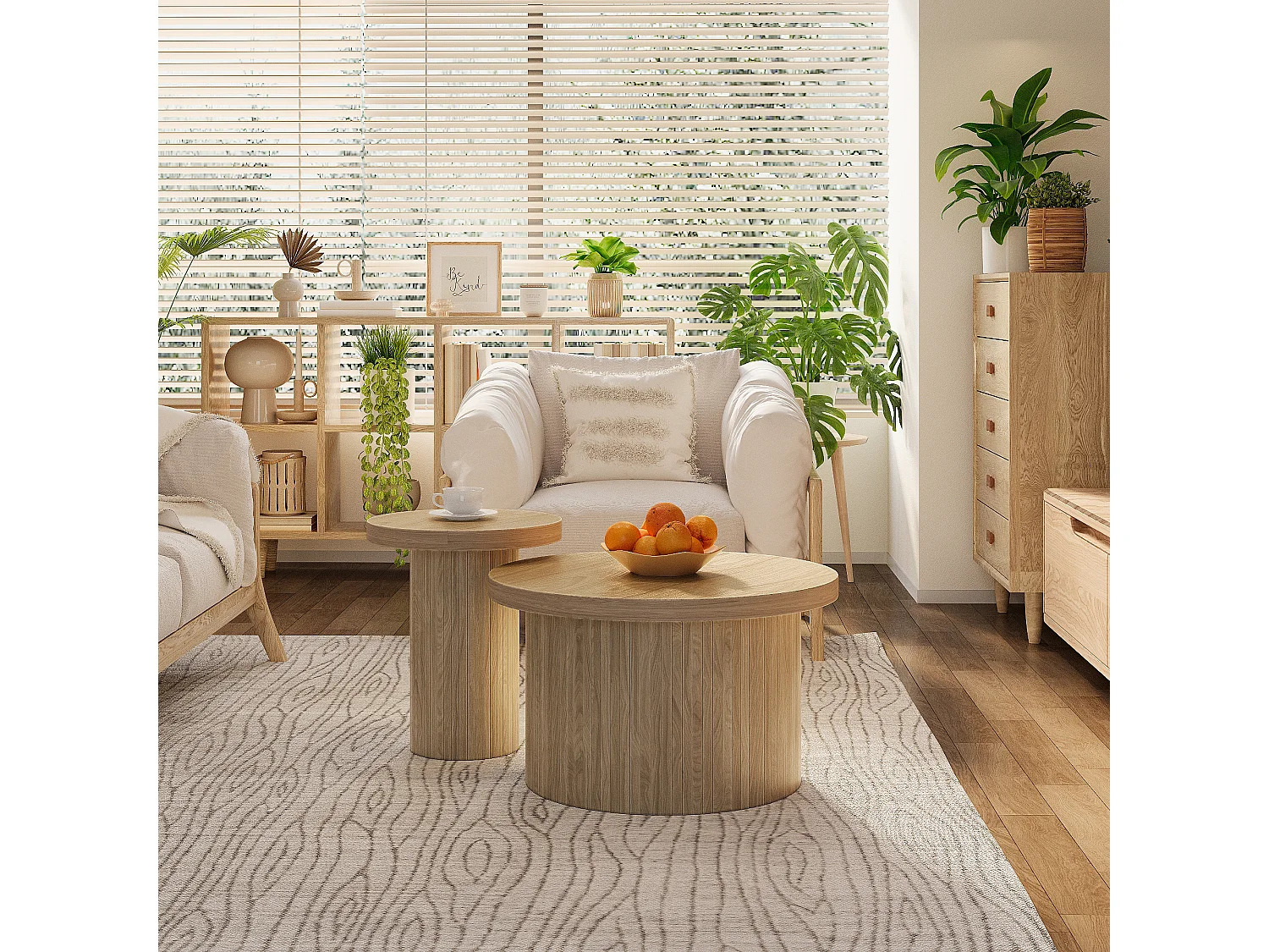 Lot de 2 tables basses gigognes rondes 66x66x40/40x40x46cm, MDF, surface en placage bois naturel clair