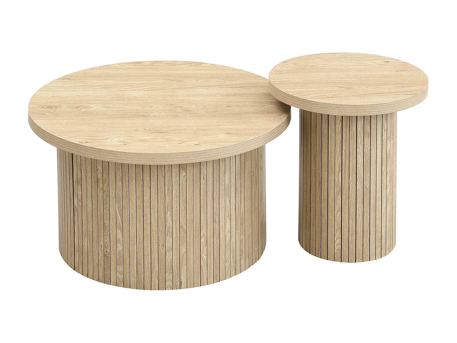 Lot de 2 tables basses gigognes rondes 66x66x40/40x40x46cm, MDF, surface en placage bois naturel clair