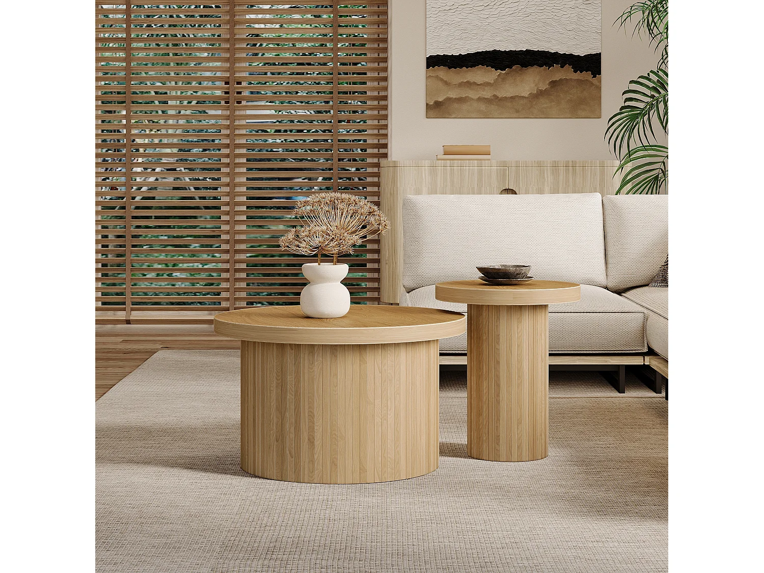 Lot de 2 tables basses gigognes rondes 66x66x40/40x40x46cm, MDF, surface en placage bois naturel clair