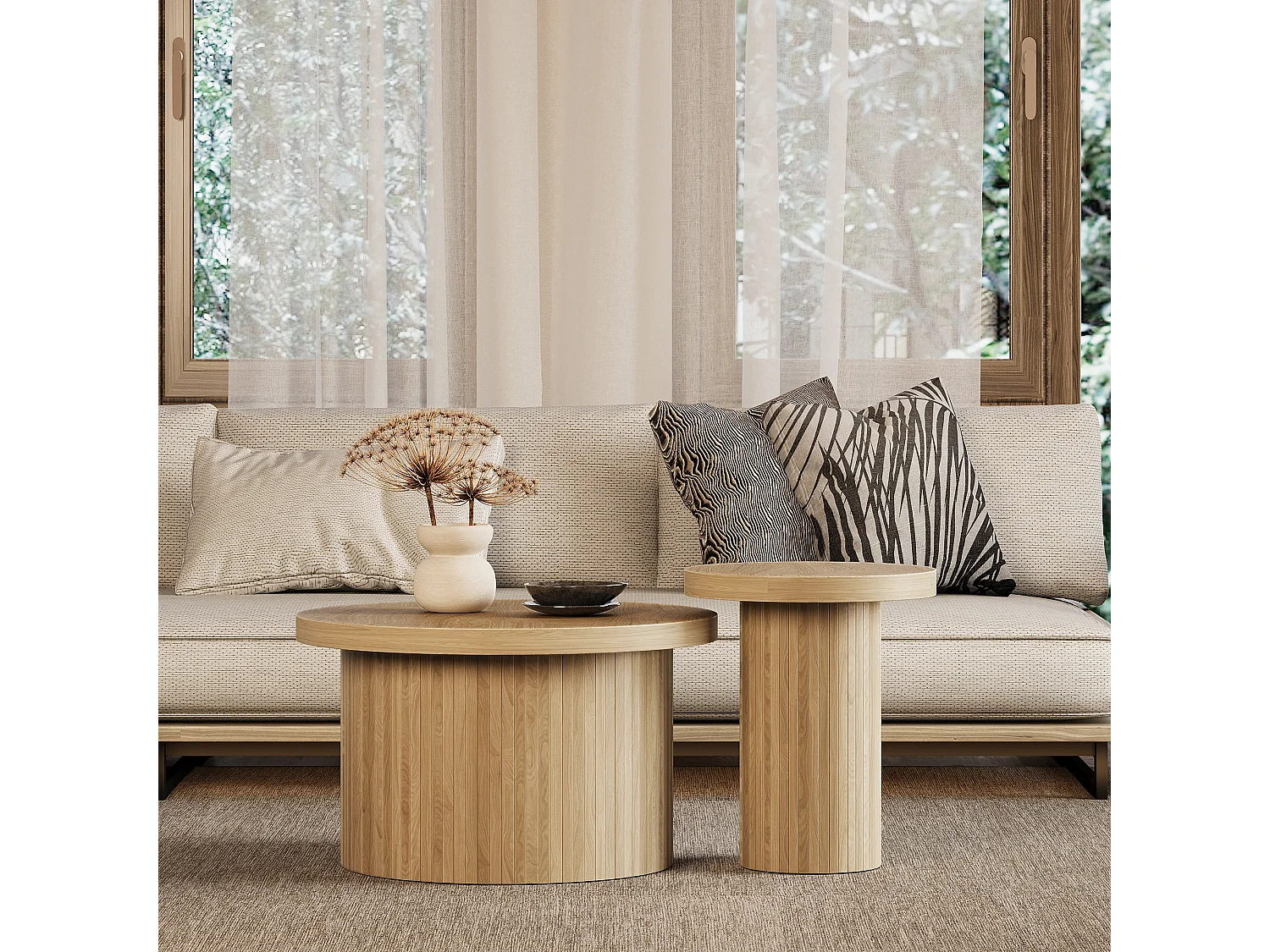 Lot de 2 tables basses gigognes rondes 66x66x40/40x40x46cm, MDF, surface en placage bois naturel clair