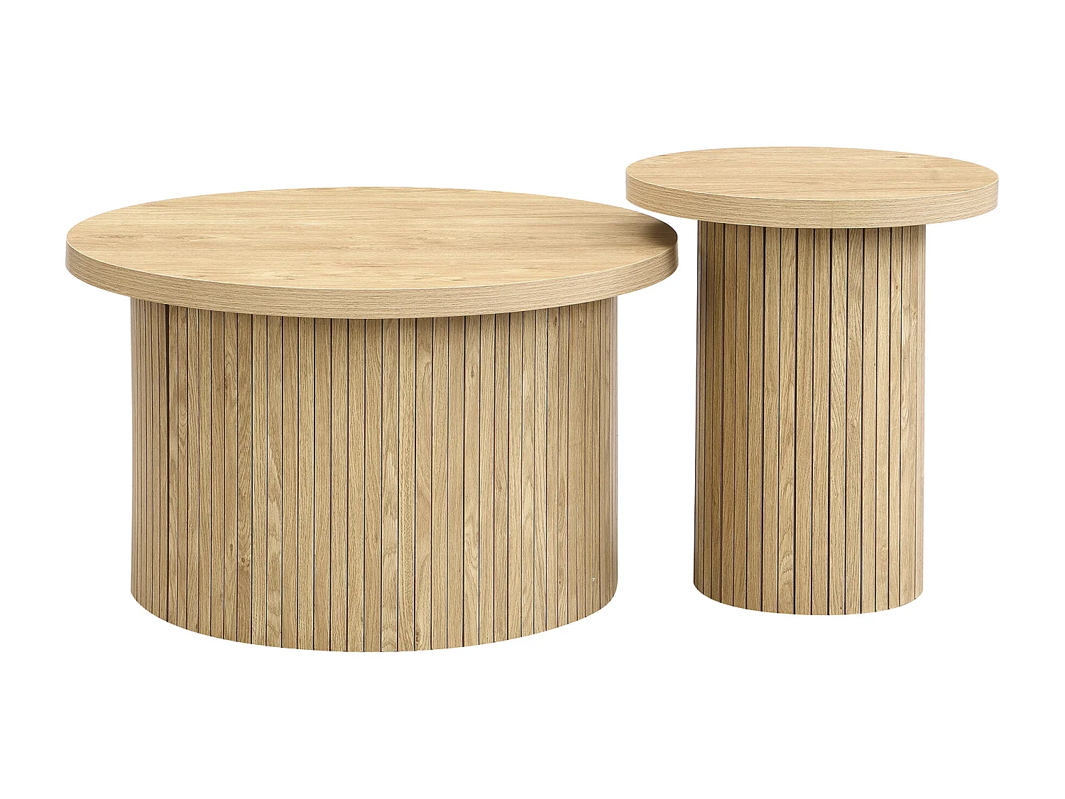 Lot de 2 tables basses gigognes rondes 66x66x40/40x40x46cm, MDF, surface en placage bois naturel clair